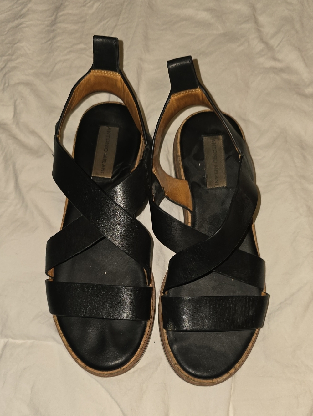 ANTONIO MELANI Black Leather Cross-Strap Sandals
